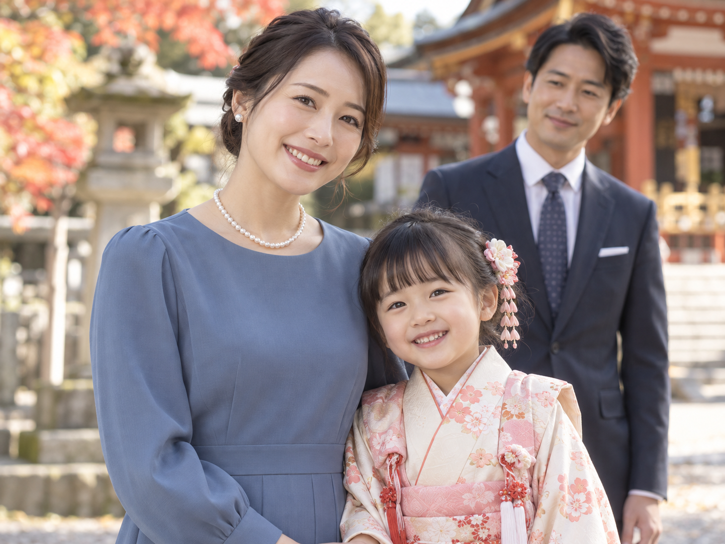 ブルーのワンピースに真珠を合わせた七五三の家族写真