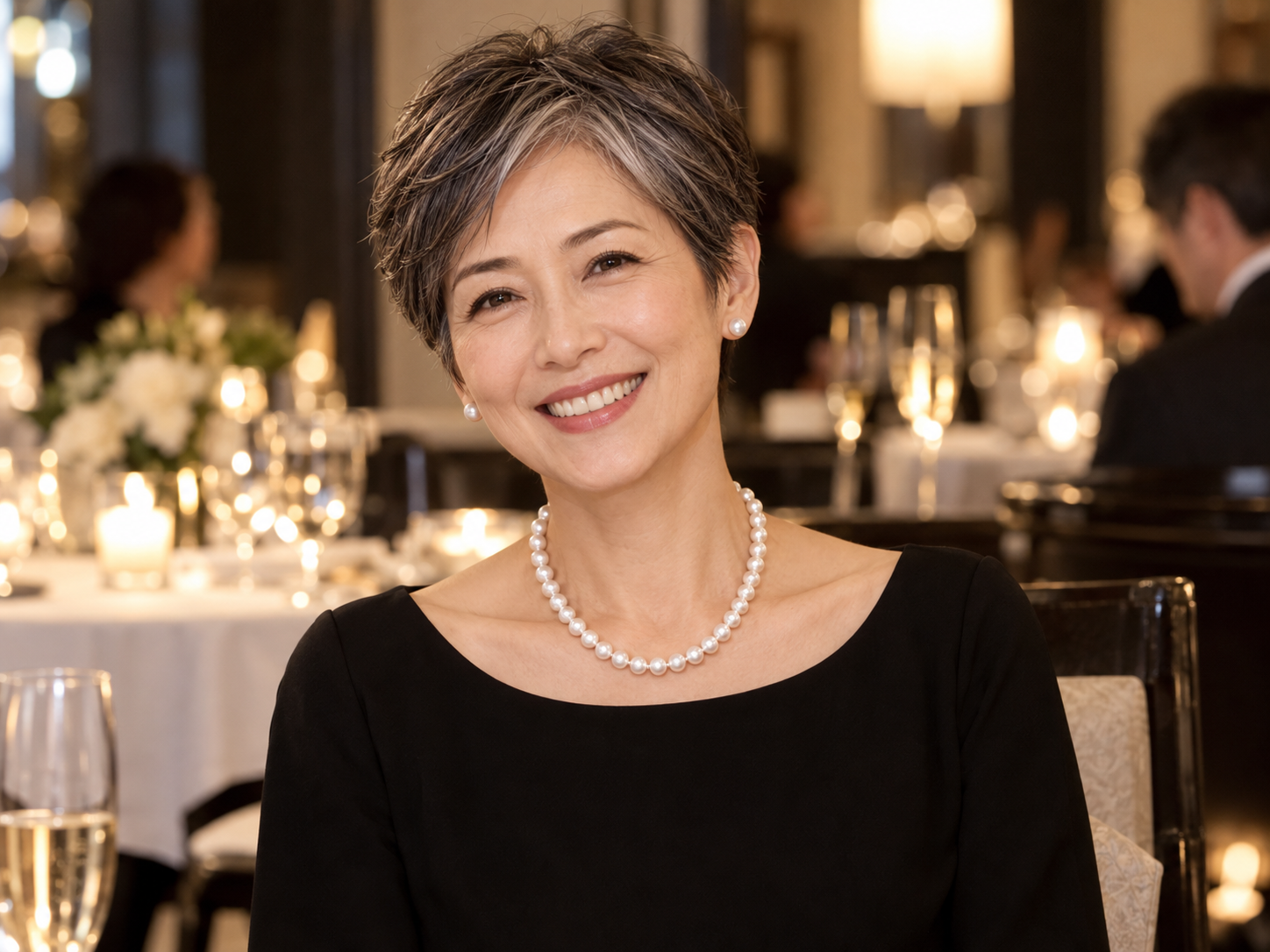 黒いワンピースに真珠を合わせた記念日の会食スタイル