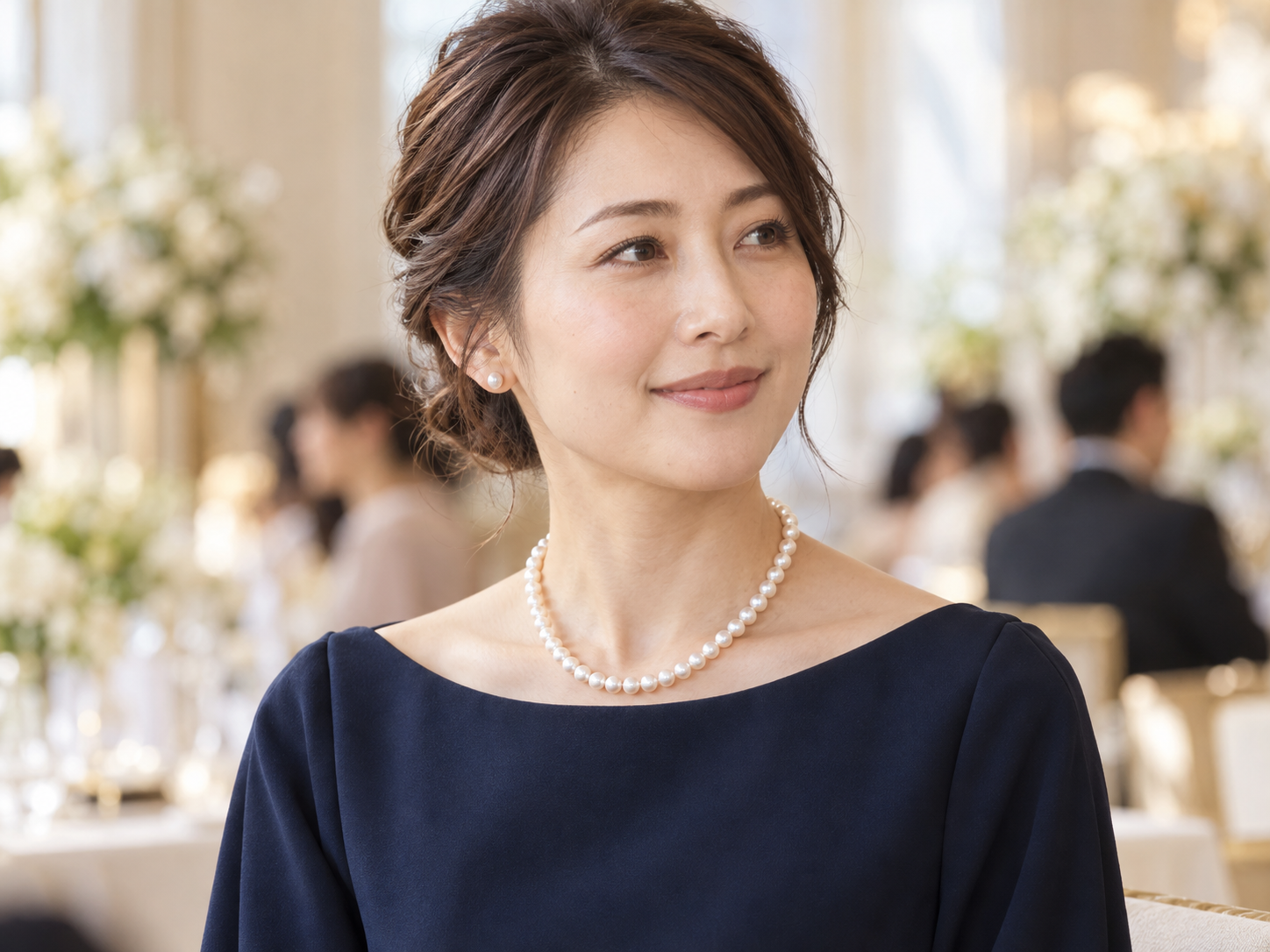ネイビーのドレスに真珠を合わせた結婚式のお呼ばれスタイル